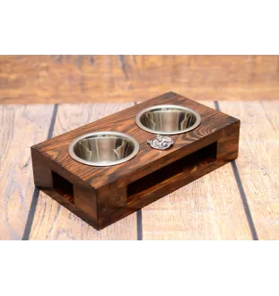 Norwich Terrier - wooden stand with bowls for a dog, steel dog bowls, a gift for adopting a dog from the Art-Dog brand