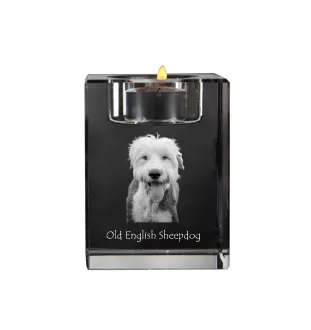 Chien de Berger Anglais - Bougeoir avec photo de chien, porte bougie en cristal, cadeau personnalisé par la marque Art-Dog