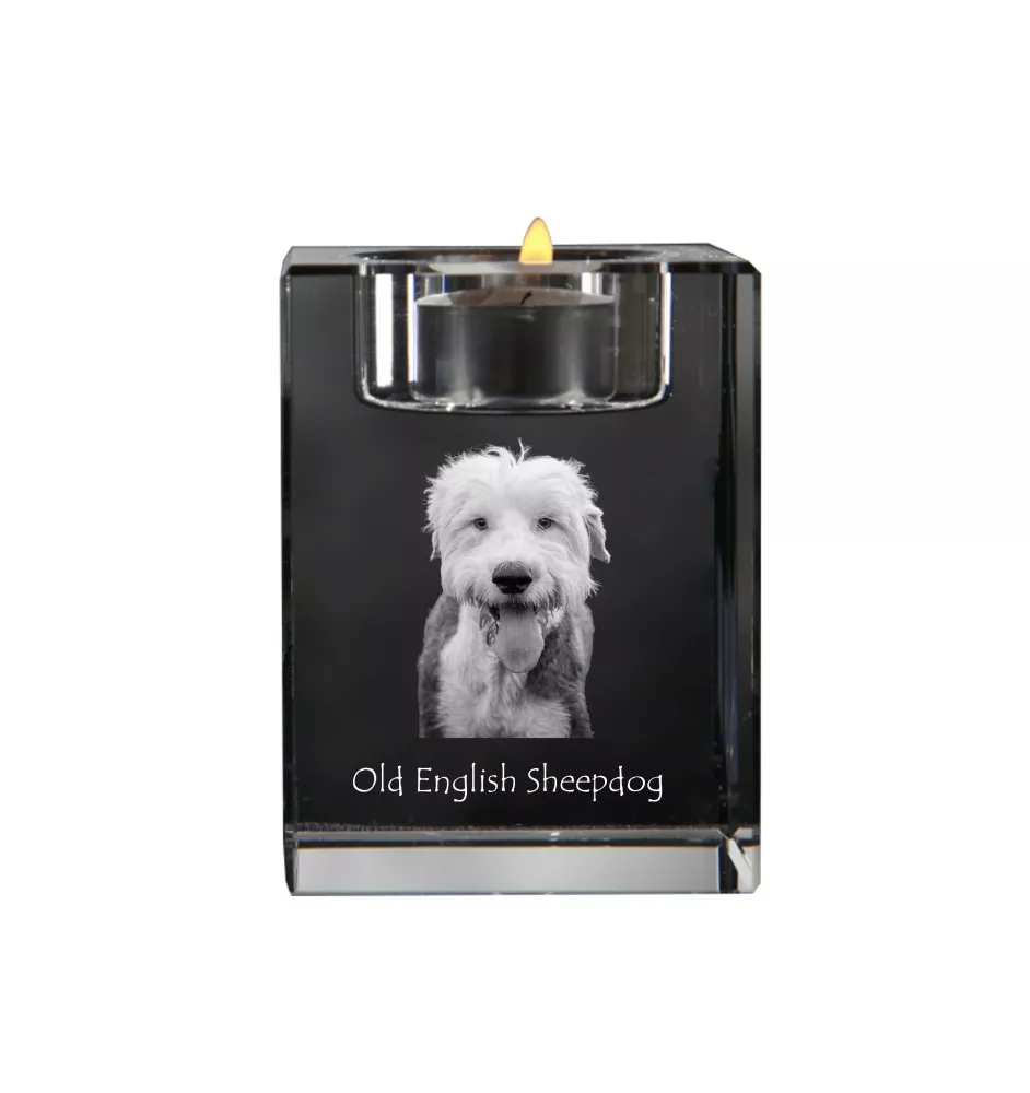 Old English Sheepdog - Kerzenhalter mit Hundefoto, Teelichthalter aus Kristall, personalisiertes Geschenk der Marke Art-Dog