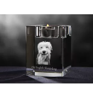 Old English Sheepdog - Candle holder with dog photo, crystal tealight holder, personalised gift by Art-Dog brand