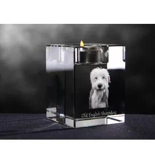 Chien de Berger Anglais - Bougeoir avec photo de chien, porte bougie en cristal, cadeau personnalisé par la marque Art-Dog