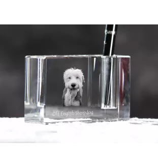 Old English Sheepdog - Pen stand, crystal organiser with dog photo, unique desk decoration by Art-Dog brand