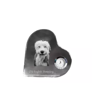 Old English Sheepdog - crystal clock with a dog picture, heart-shaped shelf clock, personalized standing clock by Art-Dog brand