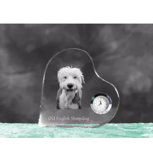Old English Sheepdog - Kristalluhr mit einem Hundebild, Herzregal-Uhr, personalisierte Standuhr der Marke Art-Dog