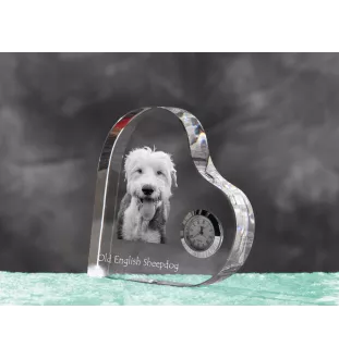 Old English Sheepdog - crystal clock with a dog picture, heart-shaped shelf clock, personalized standing clock by Art-Dog brand