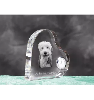 Old English Sheepdog - Kristalluhr mit einem Hundebild, Herzregal-Uhr, personalisierte Standuhr der Marke Art-Dog