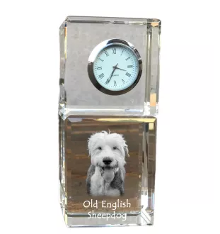 Old English Sheepdog - crystal clock with a photo, a photo of a dog in crystal, personalized desk clock by Art-Dog brand