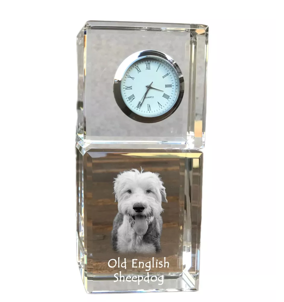 Old English Sheepdog - Kristalluhr mit Foto, Hundebild im Kristall, personalisierte Schreibtischuhr von Art-Dog.