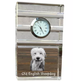 Old English Sheepdog - glass clock with a photo, photo of a dog in crystal, personalized standing office clock by Art-Dog brand