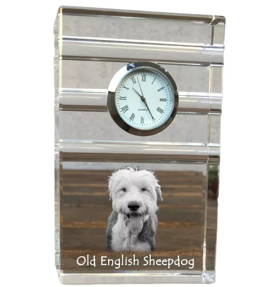 Old English Sheepdog - glass clock with a photo, photo of a dog in crystal, personalized standing office clock by Art-Dog brand