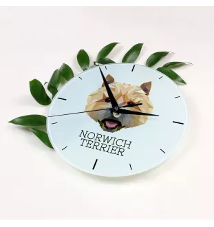 Norwich Terrier - geometrische Wanduhr mit Bild und Aufschrift der Marke Art-Dog
