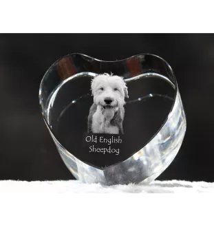 Old English Sheepdog - Hundebild im Kristall, Kristallherz, einzigartiger Bilderrahmen der Marke Art-Dog