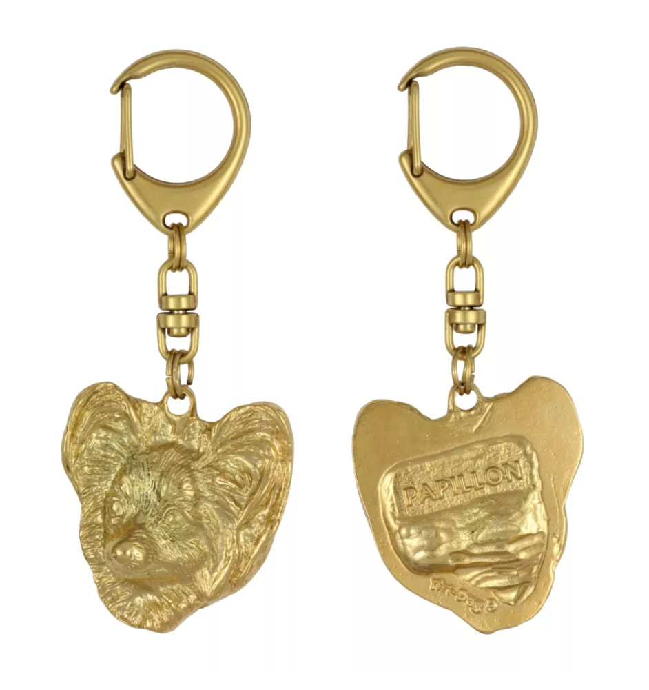 Papillon, Kontinentaler Zwergspaniel - Vergoldeter Schlüsselanhänger mit Hund in Geschenkbox, Handtaschen-Dekoration, Luxus-Accessoire der Marke Art-Dog