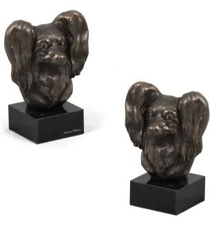 Papillon, Kontinentaler Zwergspaniel - Hundestatue, Büste auf Steinsockel, Skulptur, Trophäe für Hundeausstellung der Marke Art-Dog