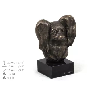 Papillon, Kontinentaler Zwergspaniel - Hundestatue, Büste auf Steinsockel, Skulptur, Trophäe für Hundeausstellung der Marke Art-Dog