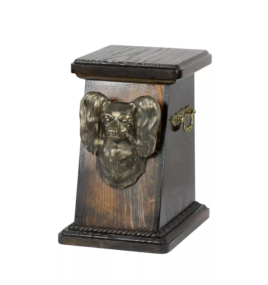 Papillon, Kontinentaler Zwergspaniel eine Ascheurne für Hunde, eine elegante Urne mit einer Statue, eine Gedenkurne mit dem Porträt eines Hundes von der Marke Art-Dog