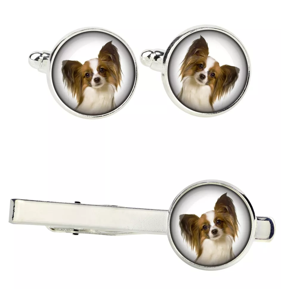 Papillon, Kontinentaler Zwergspaniel Ärmelknöpfe und Krawatte mit Ihrem Foto, Anzugaccessoire, Herrenschmuck der Marke Art-Dog