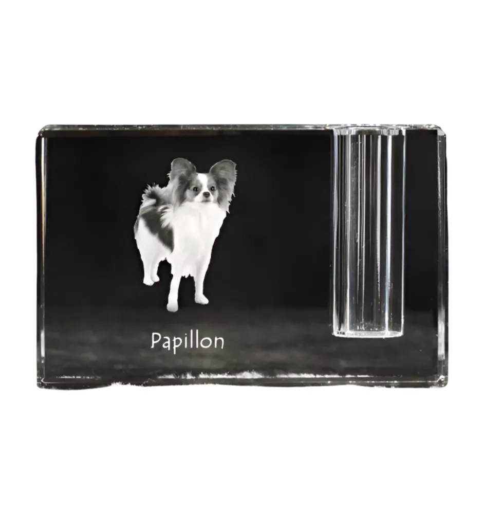 Papillon, Continental Toy Spaniel, Butterfly dog - Pen stand, crystal organiser with dog photo, unique desk decoration by Art-Dog brand