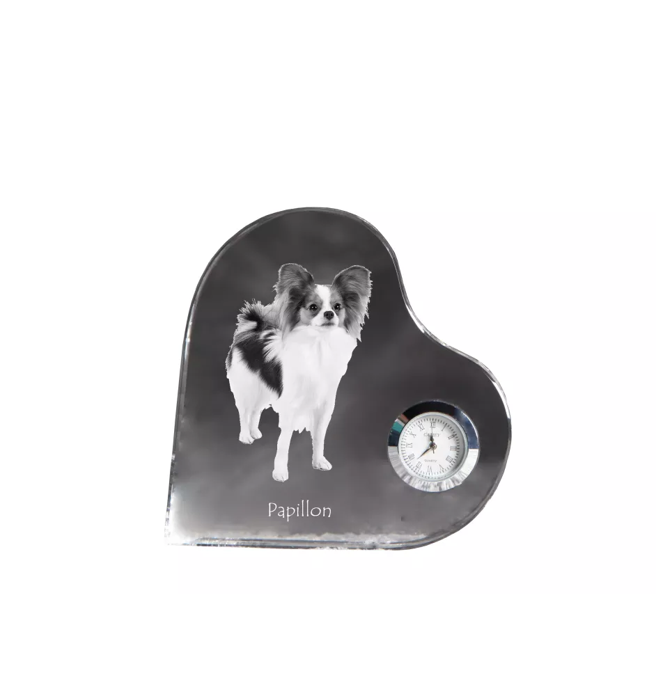 Papillon, Continental Toy Spaniel, Butterfly dog - crystal clock with a dog picture, heart-shaped shelf clock, personalized standing clock by Art-Dog brand