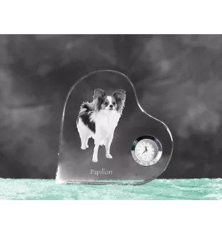 Papillon, Épagneul nain continental papillon - horloge en cristal avec une photo de chien, horloge de table en forme de cœur, horloge debout personnalisée de la marque Art-Dog