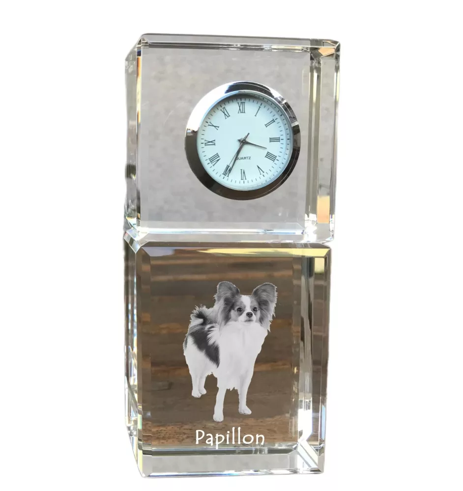 Papillon, Épagneul nain continental papillon - montre en cristal avec photo, photo de chien dans un cristal, horloge de bureau personnalisée de la marque Art-Dog
