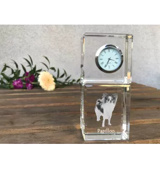 Papillon, Épagneul nain continental papillon - montre en cristal avec photo, photo de chien dans un cristal, horloge de bureau personnalisée de la marque Art-Dog