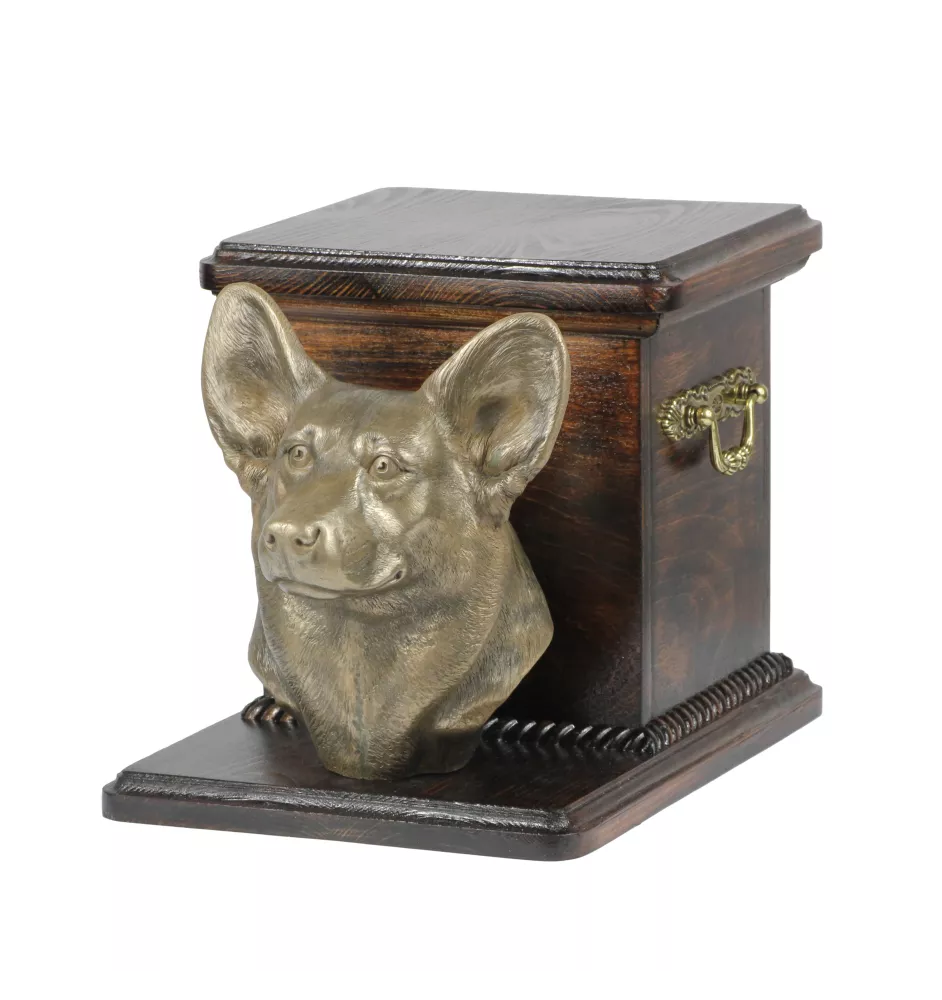 Pembroke Welsh Corgi - Eine Urne für die Asche eines Hundes mit einer Statuette, eine elegante Urne für einen Hund, eine außergewöhnliche Urne mit dem Porträt eines Hundes von der Marke Art-Dog.
