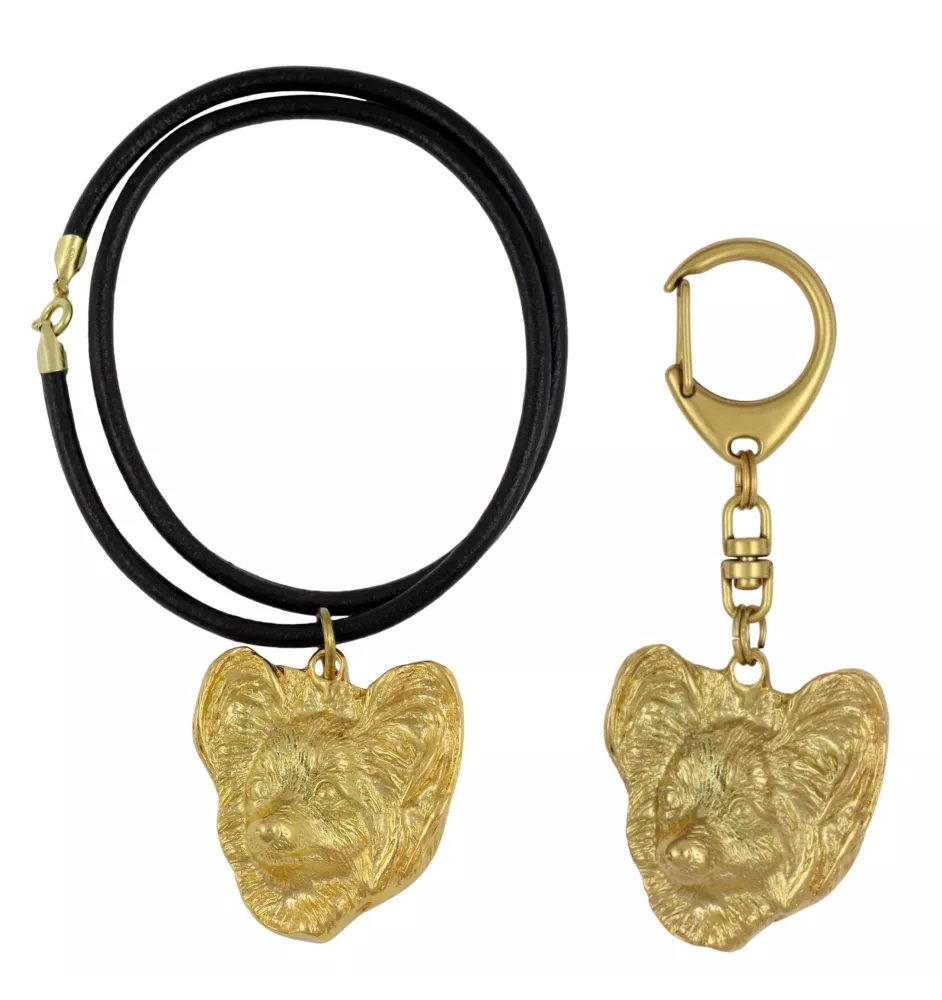 Papillon, Épagneul nain continental papillon - porte-clés et collier avec chien dans une boîte, produit plaqué or de haute qualité, marque Art-Dog