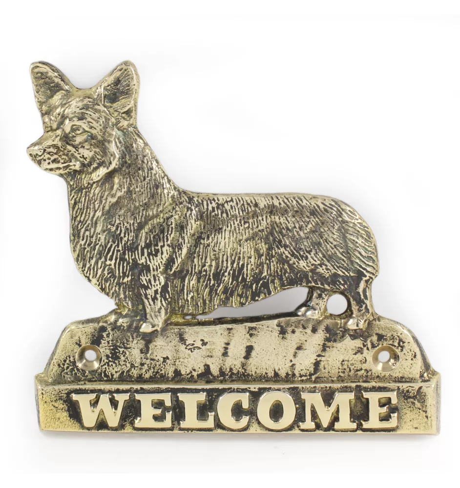 Pembroke Welsh Corgi - une plaque de porte avec un chien, une plaque de bienvenue en laiton, une enseigne exceptionnelle avec l'inscription Welcome de la marque Art-Dog