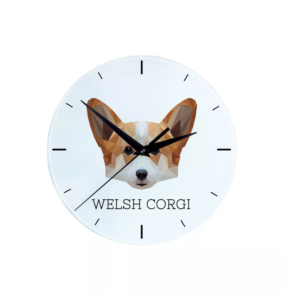 Pembroke Welsh Corgi - geometrische Wanduhr mit Bild und Aufschrift der Marke Art-Dog