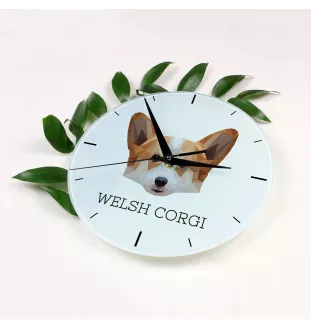 Pembroke Welsh Corgi - geometric wall clock with a picture and the brand name Art-Dog