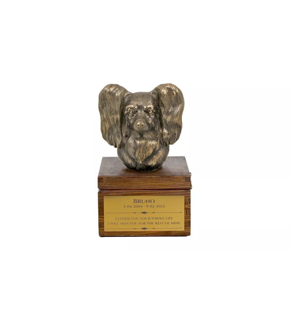 Papillon, Épagneul nain continental papillon - une urne avec une gravure et une sculpture de chien, un dernier adieu, un produit fait à la main de la marque Art-Dog