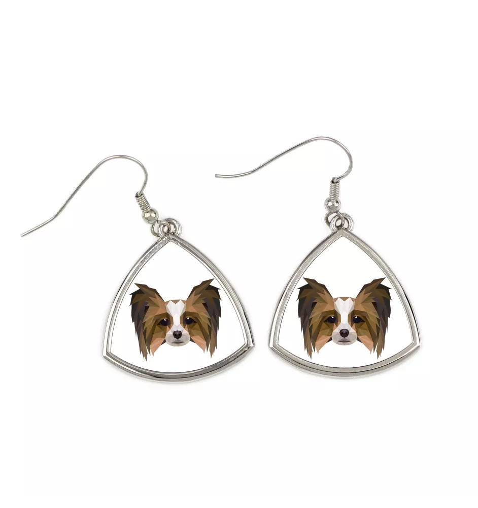 Papillon, Épagneul nain continental papillon - boucles d'oreilles avec une photo et un motif de chien géométrique Art-Dog