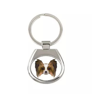 Papillon, Kontinentaler Zwergspaniel - geometrischer Schlüsselanhänger mit Foto und Aufschrift Art-Dog