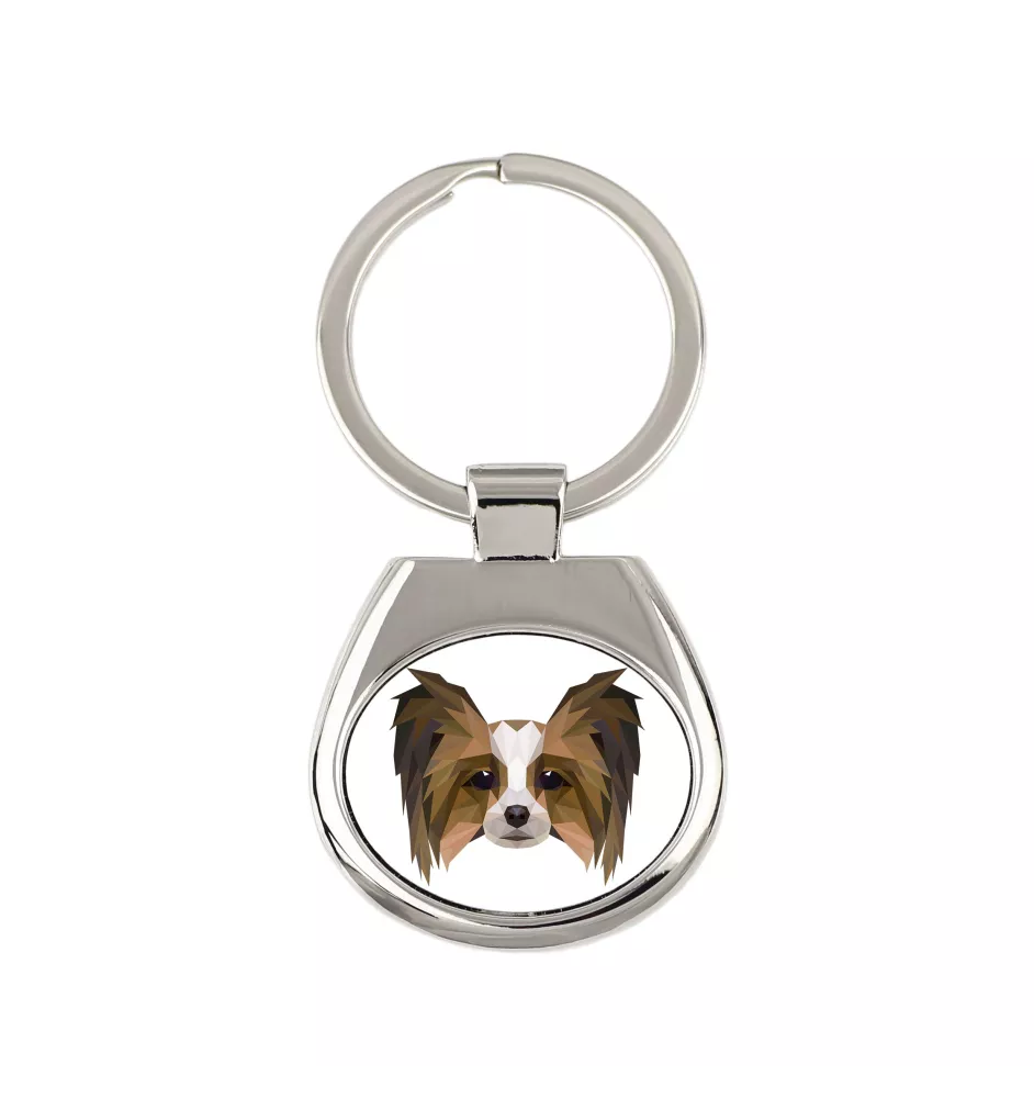 Papillon, Épagneul nain continental papillon - porte-clés géométrique avec photo et inscription Art-Dog