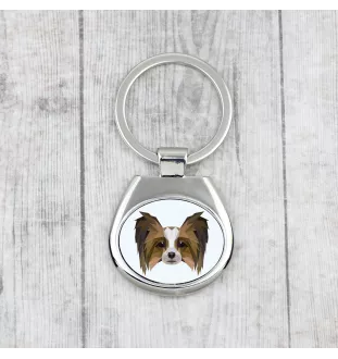 Papillon, Kontinentaler Zwergspaniel - geometrischer Schlüsselanhänger mit Foto und Aufschrift Art-Dog