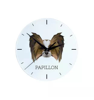 Papillon, Kontinentaler Zwergspaniel - geometrische Wanduhr mit Bild und Aufschrift der Marke Art-Dog