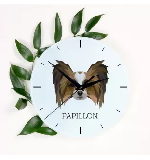 Papillon, Kontinentaler Zwergspaniel - geometrische Wanduhr mit Bild und Aufschrift der Marke Art-Dog