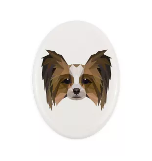 Papillon, Kontinentaler Zwergspaniel - Fliese mit geometrischem Bild und Schriftzug der Marke Art-Dog