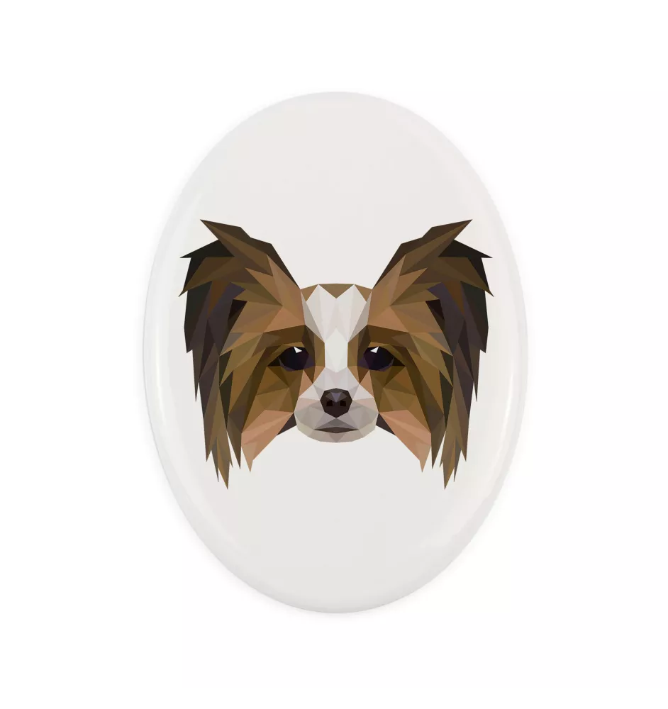 Papillon, Kontinentaler Zwergspaniel - Fliese mit geometrischem Bild und Schriftzug der Marke Art-Dog