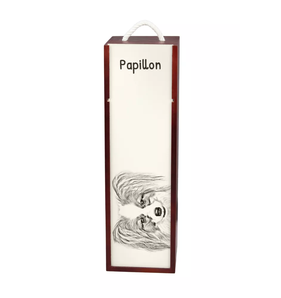 Papillon, Kontinentaler Zwergspaniel - Weinbox mit Hund, Alkoholbox mit Grafik, personalisierte Geschenkbox der Marke Art-Dog