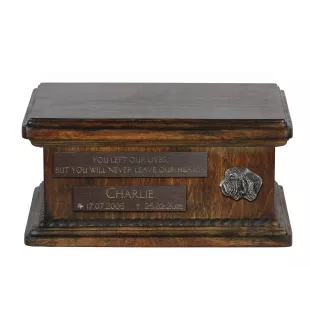 Kleiner Basset Griffon Vendéen, Petit Basset Griffon Vendéen - hölzerne Urne für die Asche eines Hundes, personalisierte Urne mit Gravur, kleine Urne für Hundesasche von der Marke Art-Dog