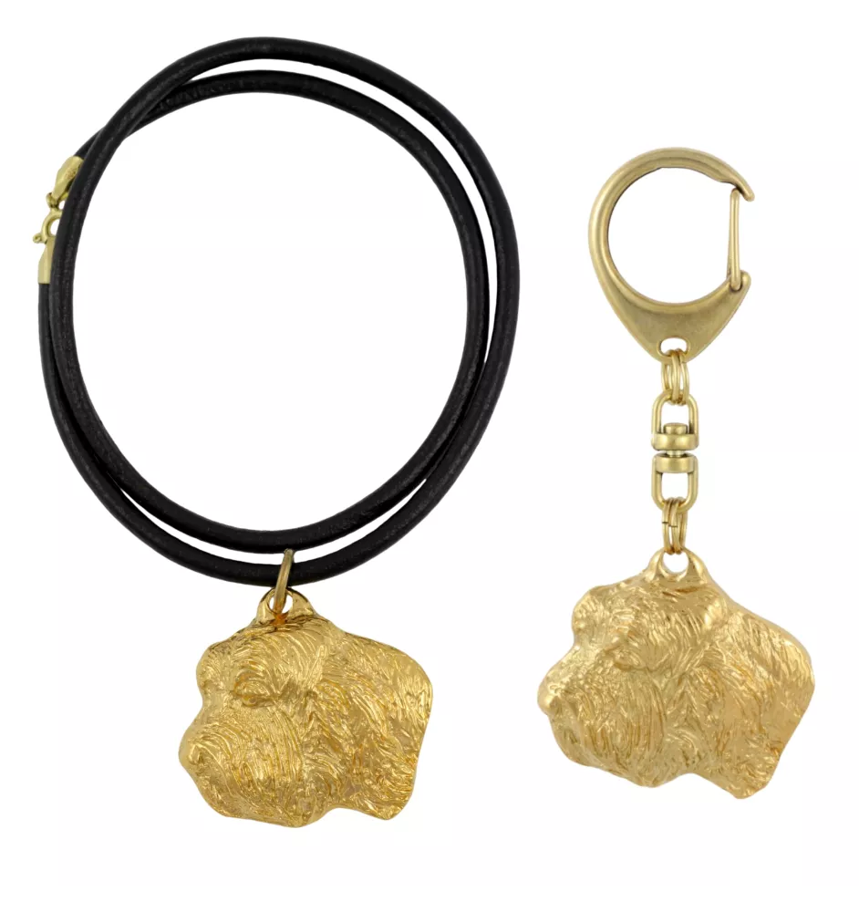 Petit basset griffon vendéen - porte-clés et collier avec chien dans une boîte, produit plaqué or de haute qualité, marque Art-Dog
