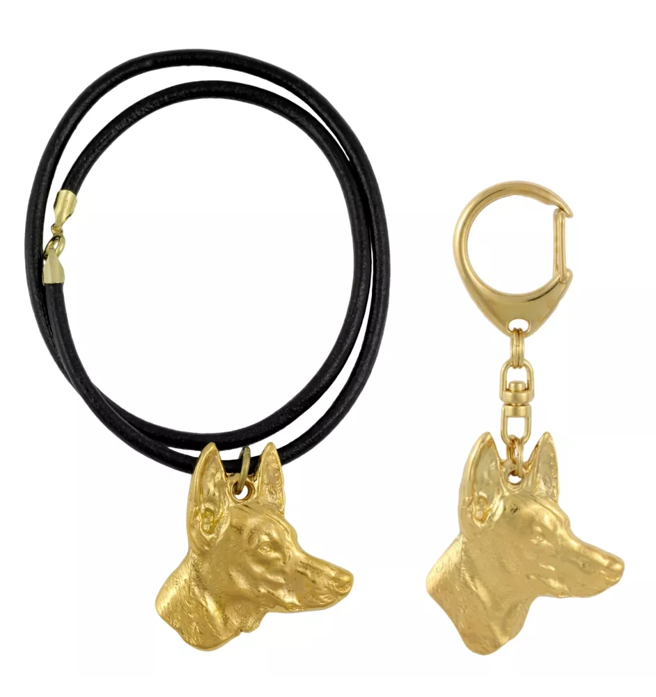 Chien du pharaon, Lévrier du pharaon - porte-clés et collier avec chien dans une boîte, produit plaqué or de haute qualité, marque Art-Dog