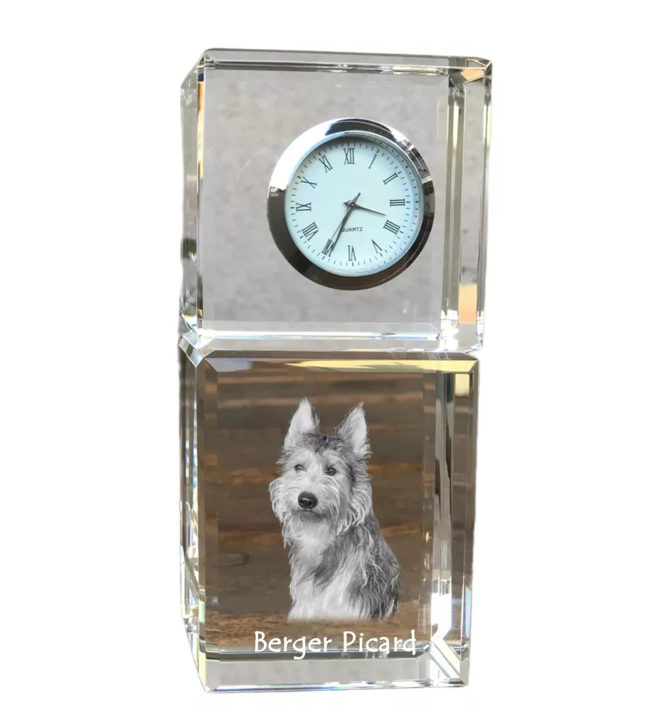 Berger de Picardie, Berger Picard - montre en cristal avec photo, photo de chien dans un cristal, horloge de bureau personnalisée de la marque Art-Dog