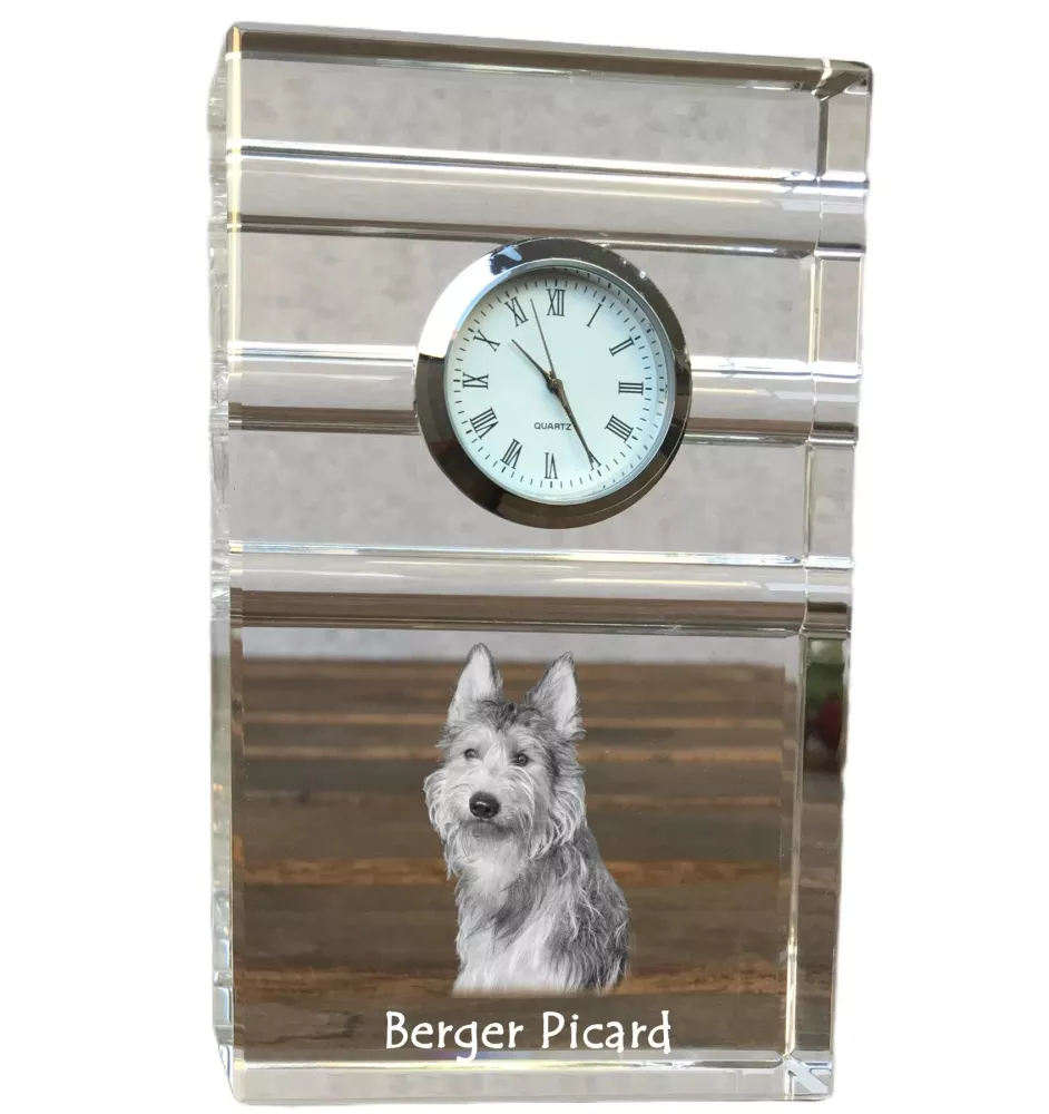 Berger de Picardie, Berger Picard - une horloge en verre avec une photo, une photo de chien dans un cristal, une horloge de bureau personnalisée de la marque Art-Dog