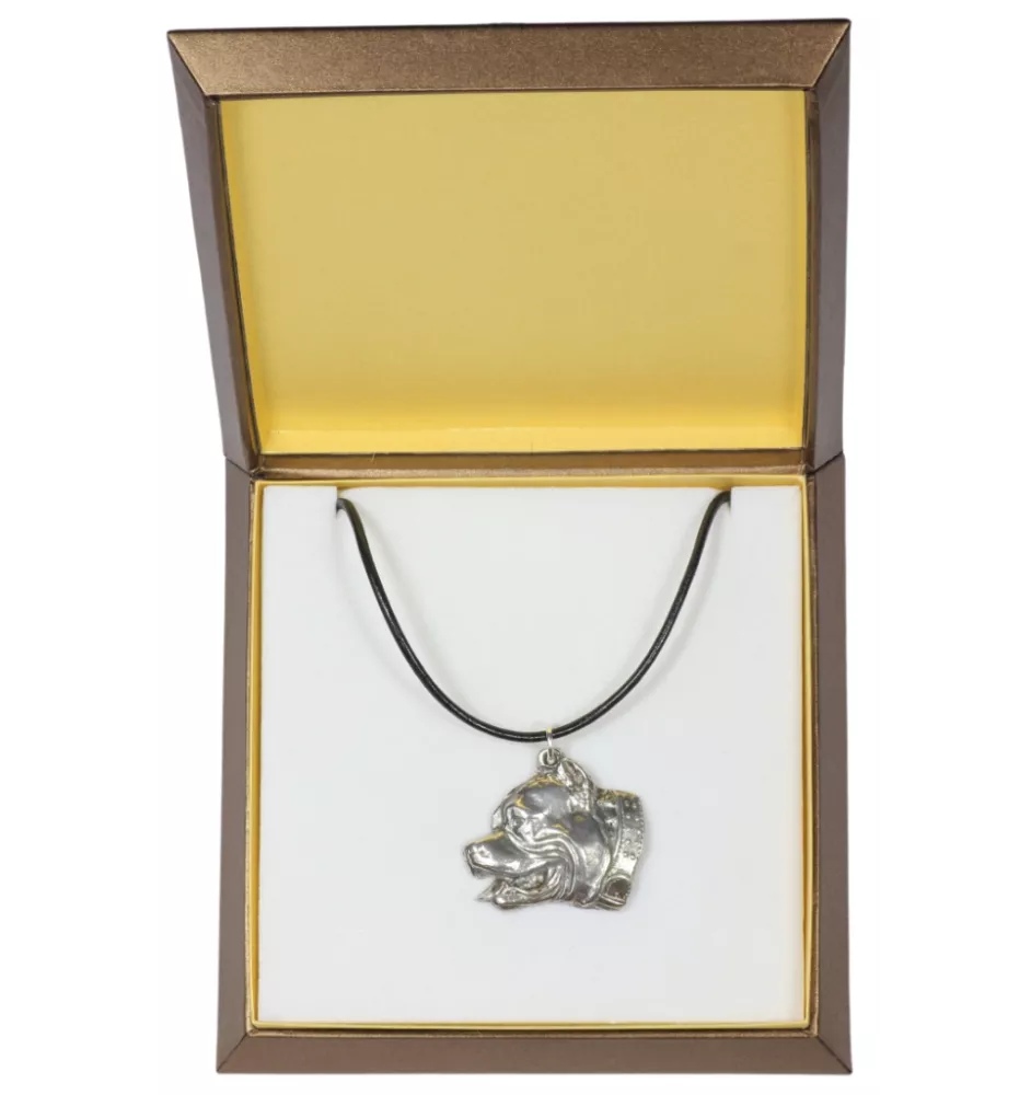 Pit Bull, American Pit Bull Terrier, Pitbull, APBT - Hundehalsband in Geschenkbox, versilbertes Medaillon für Hundefans, markanter Anhänger der Marke Art-Dog