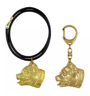 Pit Bull, American Pit Bull Terrier, Pitbull, APBT - porte-clés et collier avec chien dans une boîte, produit plaqué or de haute qualité, marque Art-Dog