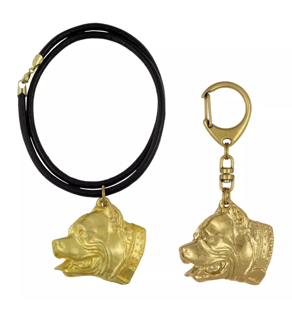 Pit Bull, American Pit Bull Terrier, Pitbull, APBT - porte-clés et collier avec chien dans une boîte, produit plaqué or de haute qualité, marque Art-Dog