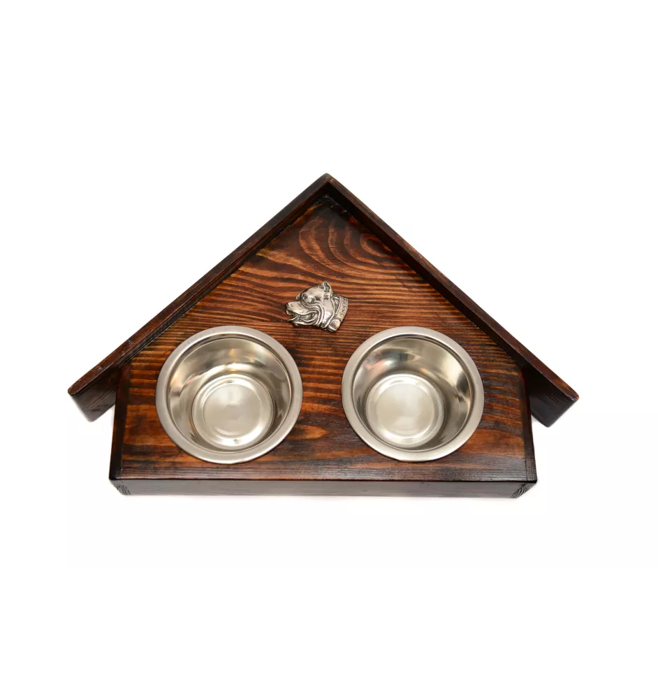 Pit Bull, American Pit Bull Terrier, Pitbull Terrier, APBT - wooden stand with bowls for a dog, decorative dog bowls, a gift for adopting a dog from the Art-Dog brand